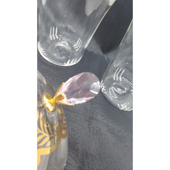 Vintage Crystal Jars Vanity Pair Gold Laurel Leaf Lid Amethyst glass Topper - Picture 4 of 10
